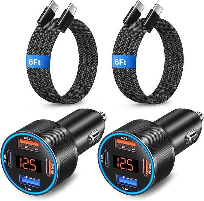 Car Charger USB C, 65W 4-Port Super Fast Type C Car Charger for Samsung S26/S25/S24/S23 Ultra, 2 Pack QC&PD 3.0 Fast Charging Cigarette Lighter Adapter Android Car Phone Charger+6FT USB-C Cable