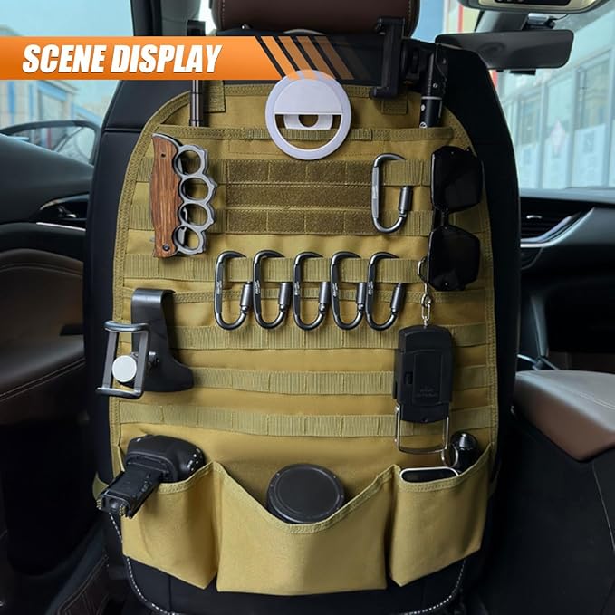 Tactical Molle Car Seat Back Organizer, Vehicle Panel Car Seat Back Cover Protector with 5 Storage Pouch, Universal Backseat Storage Organizer with USA Flag Patch for Car SUV (Khaki-2 Pcs)