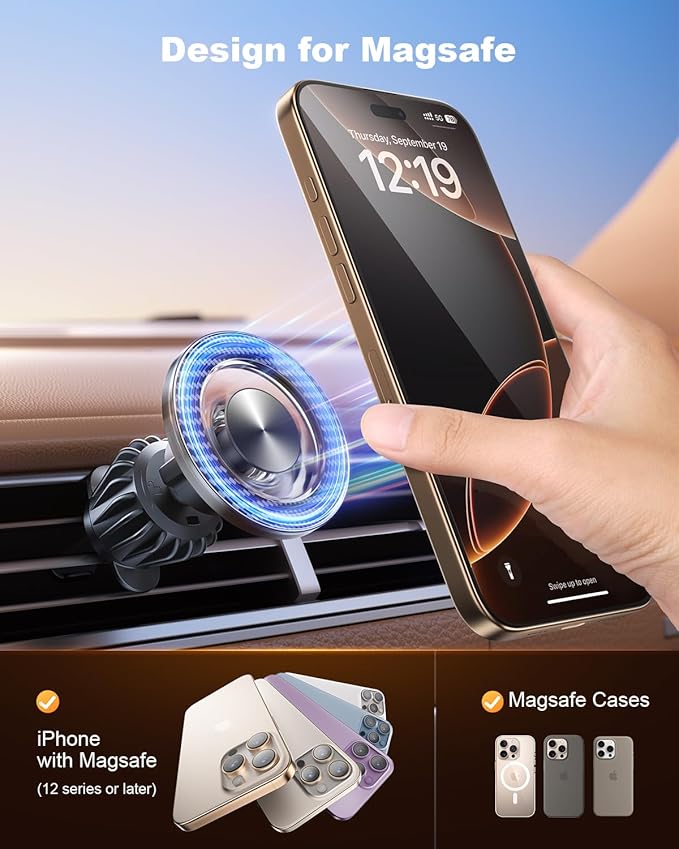 SUPERONE Magsafe Car Phone Holder [80+LBS Strongest Suction & 2400gf Magnetic] 360°Adjustable Vent Magnetic Phone Mount Vacuum Phone Holders for Your Car Fit iPhone 17 Pro Max 16 15 14 13 12