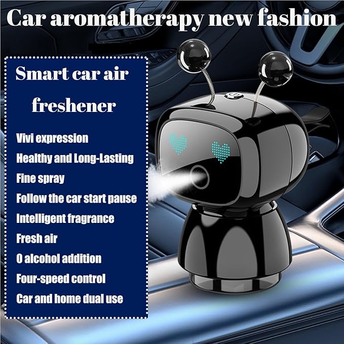 Robot Intelligent Aromatherapy Machine, Smart Cute Robot Car Air Freshener, Fine Spray/Fillable/Four-Gear Adjustment/Vibration Sensing/On-Off/Large Capacity Long-Lasting Fragrance/V3 (Black, Cologne)
