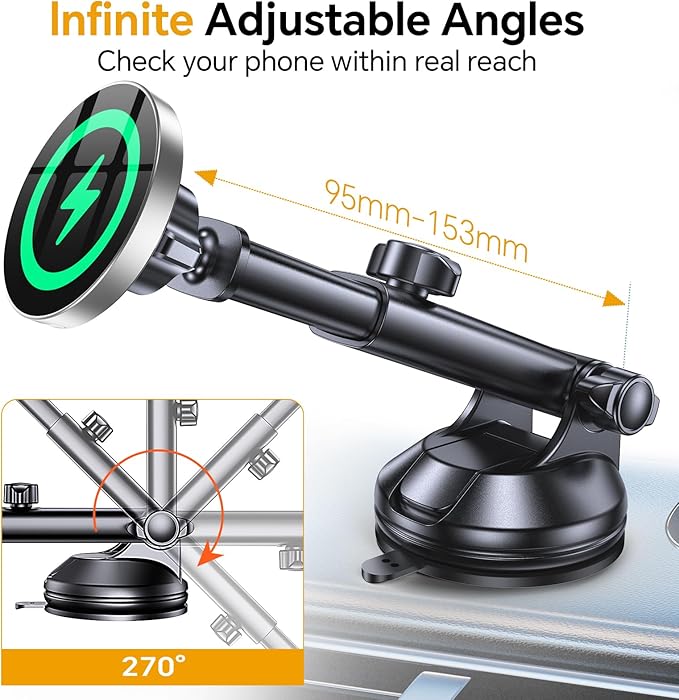 Coolpow for MagSafe Car Mount Charger【Ultra Magnet】 Magnetic Phone Holders for Your Car Charger【Windshield+Vent+Dash】 Magnetic Wireless Car Phone Holder Charger Car Mount for iPhone 17 (Gray)