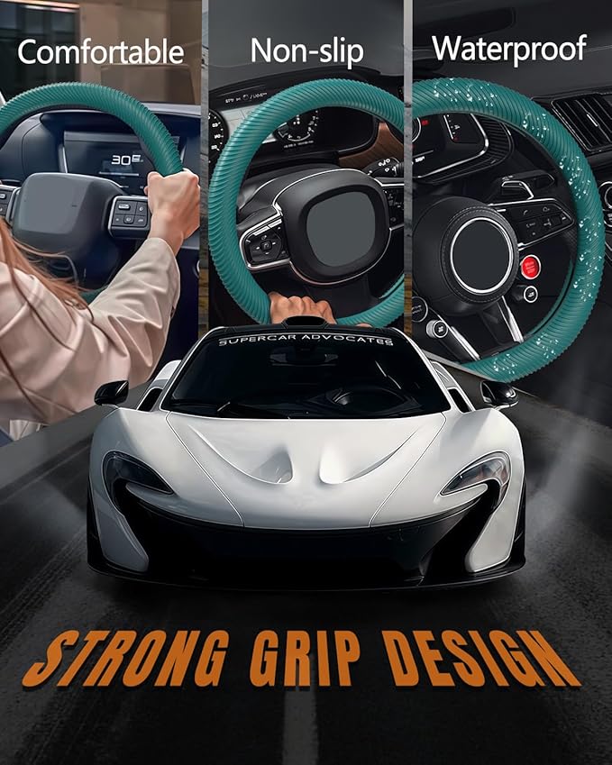 WOCOCN Car Steering Wheel Cover, Thin Anti-Skid Silicone Steering Wheel Cover for Men & Women, Universal Automotive Interior Accessories for Most Cars (Dark Green)