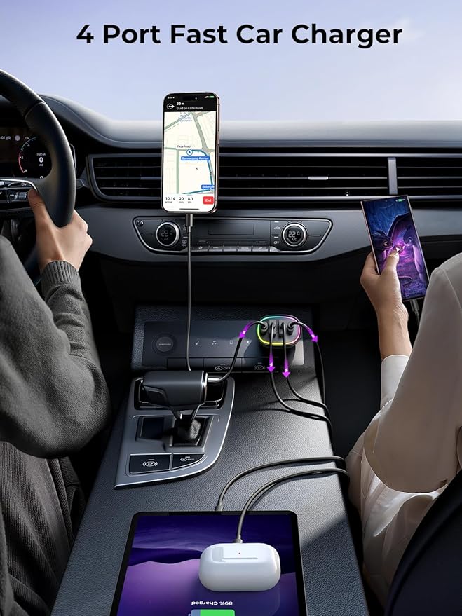 Fast Car Charger FLYLEAD 90W 4 Ports Car Charger [A Must for Family Travel] Super Fast USB C Charge Adapter for iPhone 17/16/15 Pro Max Plus
