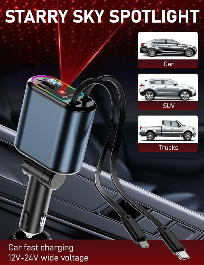 Starlight Retractable Car Charger, Max 120W 4 in 1 Car Accessories with Starlight, Retractable Fast Car Phone Charger with 2 USB Ports for Phones/Tablets/Car Recorders, 31.5inch (Grey)
