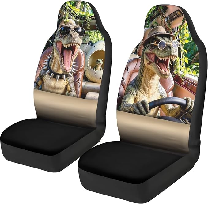 Dinosaur Car Seat Covers Front Seats Nonslip Auto Interior Accessories 2 Pcs Set Cool Stretch Polyester Fabric Cover Automobile Front Seat Covers for Cars SUV Sedans