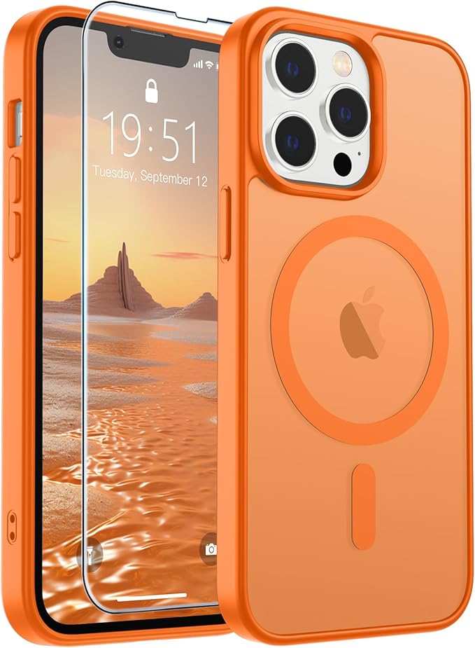 SUPFINE Magnetic for iPhone 13 Pro Max Case with Screen Protector (Compatible with MagSafe) (Military Grade Drop Protection) Translucent Matte Shockproof Phone Cover,Starry Orange