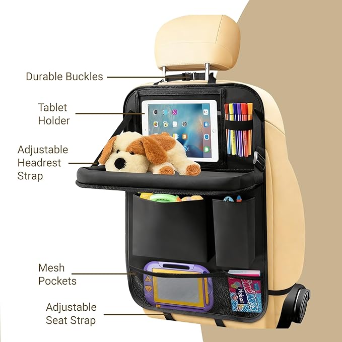 4-Pack Black Car Backseat Organizer, 10 Storage Pockets and Tablet Holder, Back Seat Organizer for Kids, family Road Trip Essentials, Travel Accessories