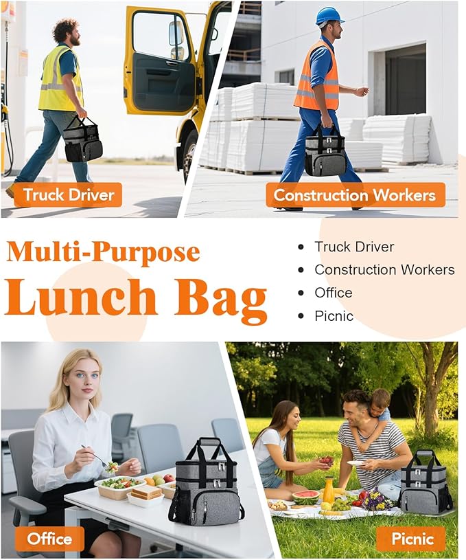 Insulated Lunch Bag for Men & Women, Double Leakproof Lunch Box Soft Cooler Tote with 5 Pockets, 600D Oxford, EVA Lining, Adjustable Strap for Work, Picnic, Beach&Travel-Grey