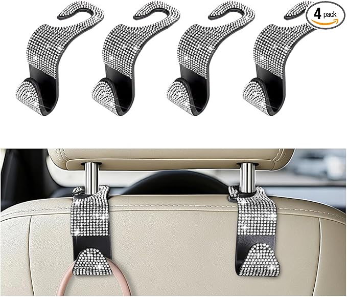 4PCS Bling Car Seat Headrest Hooks, Crystal Rhinestone Vehicle Back Seat Hanger Holder, Auto Interior Headrest Hanging Storage Organizer for Purse Handbag Coat, Universal Fit (White)