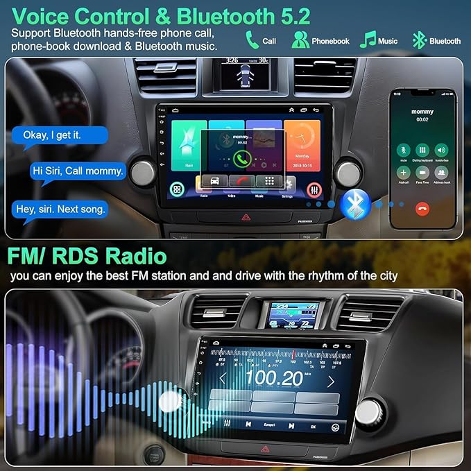 4G+64G Car Radio Stereo for Toyota Highlander 2008-2013, Wireless Carplay&Android Auto with Android 12 Support Bluetooth/Voice Control/GPS/WiFi/Back-up Camera/SWC/FM, 10.2 Inch IPS Touch Screen