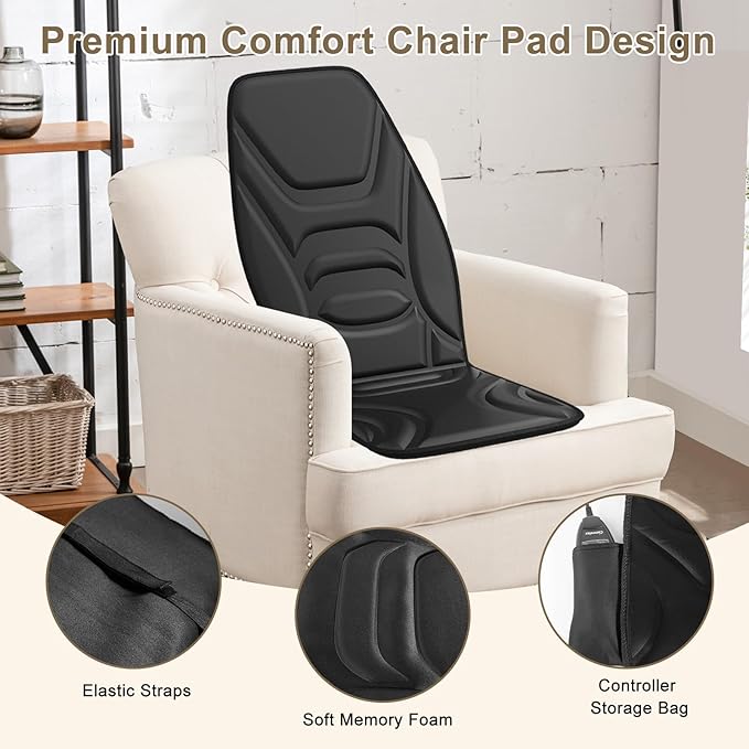 Back Massager Chair Pad with Heat, Back Massager for Back Pain Relief, Chair Massager with Vibration, Portable Massage Chair Pad for Office Use, Matte Black