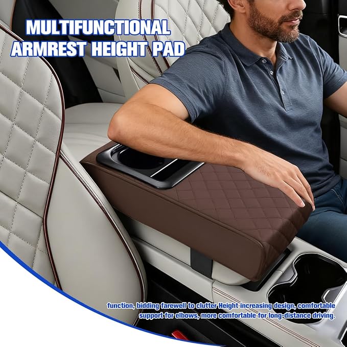 Car Center Console Armrest Pillow, Vehicle Armrest Seat Box Cushion Pad with Cup Holder & Phone Holder, Comfortable Auto Middle Console Cover, Universal for SUV RV Truck (Diamond, Coffee)