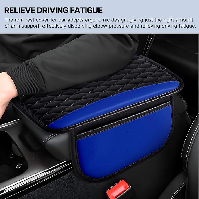 Leather Car Center Console Cover,Upgraded Center Console Cushion Pad with Side Pockets,Patchwork Arm Rest Cover for Car,Waterproof Armrest Seat Box Covers,Universal for Most Vehicles (Blue)