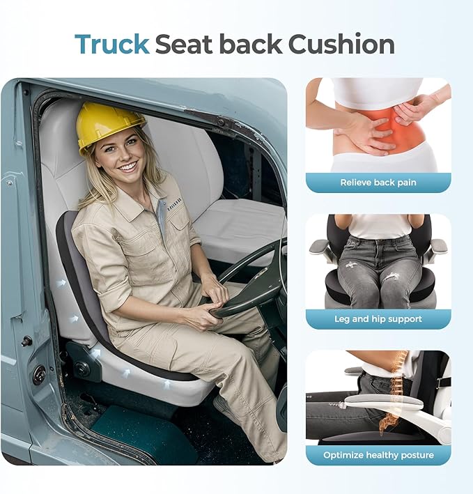 FLORICH 2 in1 Truck Seat Cushion and Lumbar Support Pillow Memory Foam Car Seat Cushion with Adjustable Strap for Truck Driver Long Drives, Fits Semi Truck Seat,Car,Office&Gaming Chair(Light Black)