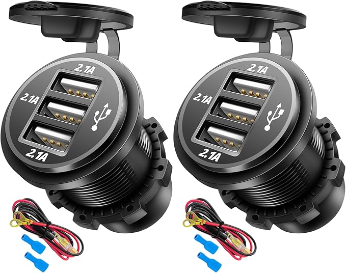 12V USB Outlet Wire USB Charger, 3 Port 12V/24V Charger Socket for Cars, Boats, RVs, Trucks, Golf Carts, and Motorcycles and More (Pack of Two)