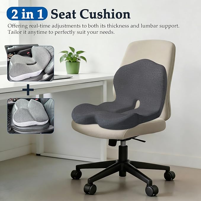 Onever Ergonomic Memory Foam Seat Cushion, Lumbar Support Non Slip for Truck Driver Long Driving Office Chair Back Tailbone Pain Relief Black