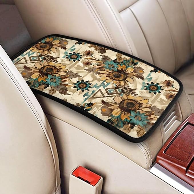 Armrest Cover Vintage Sunflower Center Console Pad Boho Geometry Car Accessories for Truck Van Sedans Scratch Resistant Armrest Cushion Pad