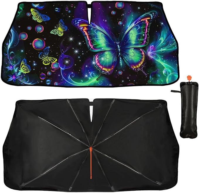 CHILL·TEK Funny Animal Car Windshield Sun Shade Umbrella, Cute Butterfly Car Sun Shade Umbrellas, Block UV Rays Heat Foldable Windshield Umbrella Sun Visor Protector - Keep Vehicle Cool for Cars SUV