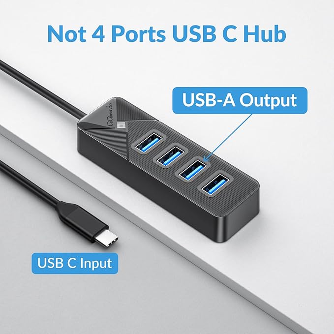 GiGimundo 4-Port USB C Hub for Laptop, USB C to USB Hub Multiport Adapter 5Gbps Transfer, USB C Splitter for Laptop, MacBook Pro/Air, iPad Pro, Dell, Chromebook, Keyboard, Mouse, HDD, Black