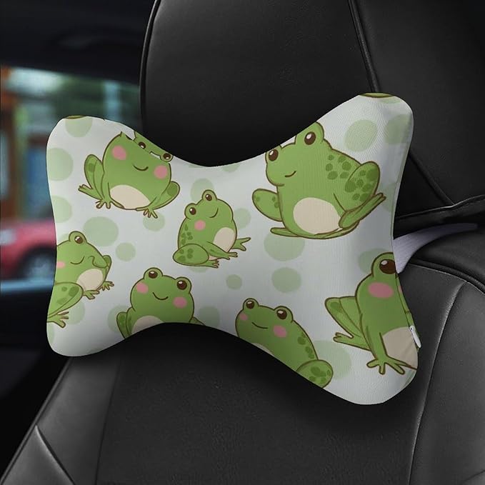 Car Pillow for Neck Pain Relief Support, Compatible with Cute Sitting Frog Memory Foam Car Neck Pillow for Car Seat with Adjustable Strap, 2 Pcs Car Headrest Pillow for Ergonomic Design