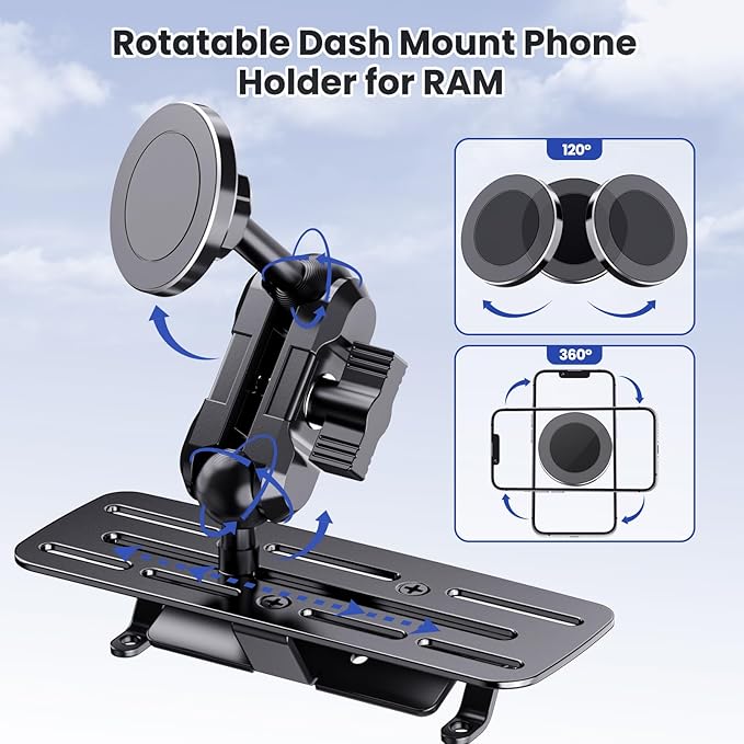 Stainless Steel Phone Mount for 2013-2018 Ram 1500/2500/3500 &2019+ Classic, Magnetic & Clamp Dual Heads, All-Metal Shakeproof OEM Screw Hole Dash Mount Install Super Stable