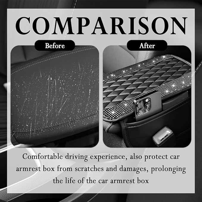 Car Center Console Cover with Diamond Grid Design,Bling Armrest Cover Cushion with 2 Storage Bags,Soft Leather Arm Rest Cover for Car Interior Accessories (Black + White)