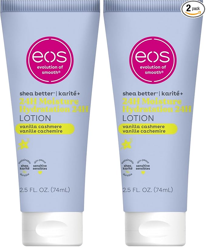 eos 24H Moisture Travel Body Lotion- Vanilla Cashmere,Travel Size Essential,Toiletries,Mini Body Lotion For Dry Skin,2.5 fl oz,(Pack of 2)