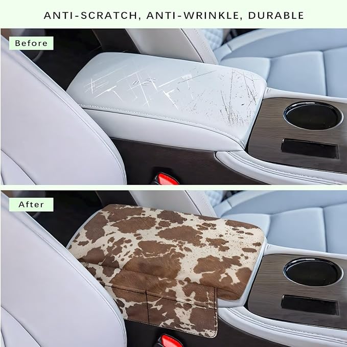 Dreaweet Brown Cow Print Center Console Cover with Pockets Thick Arm Rest Pad for Car Truck SUV Van Soft Comfortable Car Armrest Cover Center Console Cushion Pad