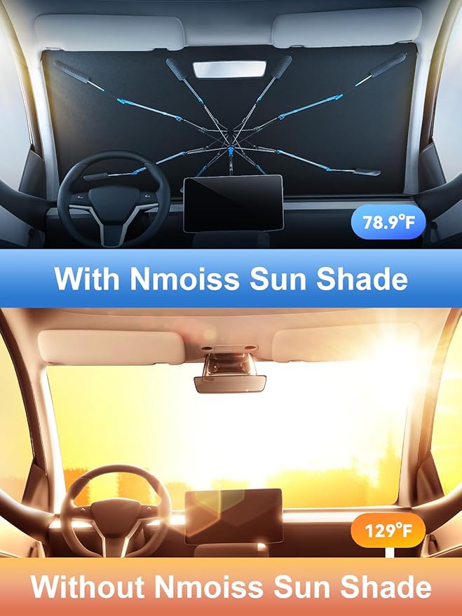 Upgraded Nmoiss Windshield Sun Shade Umbrella [Ice Rib] High Speed Cooling 99% UV Blocking Protects Car from Sun and Heat Damage, Keeps Cool and Protects Interior Medium (56" L x 31" W)