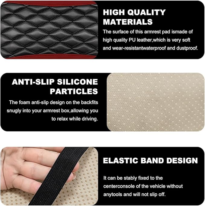 Car Center Console Cushion Pad, 12.6 × 7.48 Inches Waterproof Car Armrest Seat Box Cover, PU Leather Armrest Cover Protector for Most Vehicle, Universal Car Interior Accessories (Wine Red)