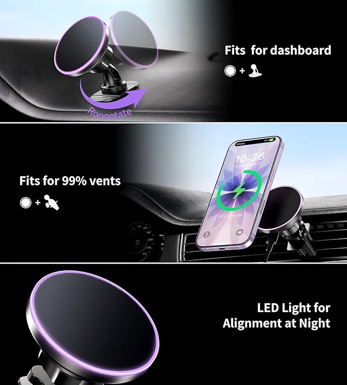 BHHB for Magsafe Car Mount Charger, [2026 Upgrade] 15W 2in1 Magnetic Wireless Car Charger, for Magsafe Car Charger, Vent/Dashboard Phone Holder, ONLY for iPhone 17 16 15 14 13 12 Series(Purple)