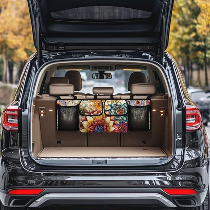 Mexican Dahlias Backseat Trunk Organizer for Car Mandala Flowers Trunk Storage Bag with Extra Storage Space for SUVs,Trucks,Vans