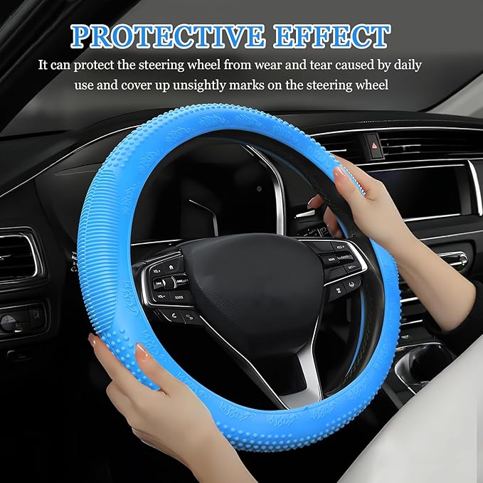 Wuyaoyao Car Steering Wheel Cover, Anti-Slip Silicone Steering Wheel Cover Protector, Non-Slip Massage Grip Auto Wheel Cover Fits 14-15 Inch, Universal Interior Car Accessories (Sky Blue)