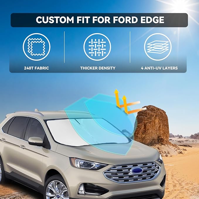 for Ford Edge 2015-2024 Windshield Sun Shade - 4 Layers Car Sunshades for Front Windows Shade Cover Custom Fit Edge Sun Visor 250T Retractable Shade Blocks UV Rays Car Accessories