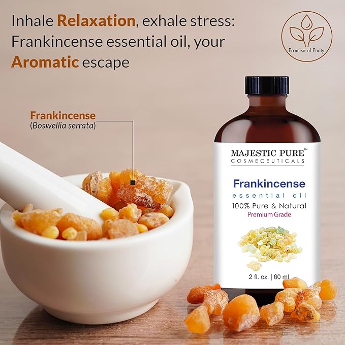 Majestic Pure Essential Oil with Glass Dropper - 100% Pure and Natural - Essential Oils for Diffuser, Aromatherapy, Soap and Candle Making, Frankincense Essential Oil, Frankincense Oil, 2 Fl Oz