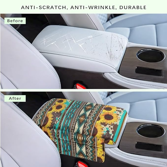 Wanyint Aztec Sunflower Blue Auto Center Console Cover Soft Armrest Box Pad Protector Middle Console Cover with Pockets Storage Bag Hand Rest Pillow Car Interior Decor Accessories