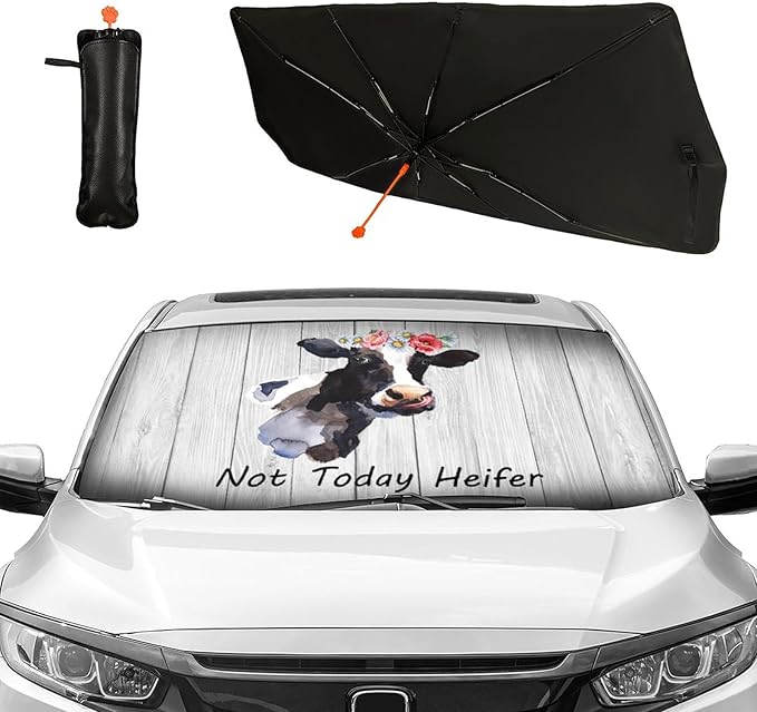 CHILL·TEK Funny Animals Car Windshield Sun Shade Umbrella, Heifer Cow Car Foldable Umbrella Sunshade for Front Window UV Reflector Umbrella Sun Protection Auto Windshield Umbrella Sun Shades Cover