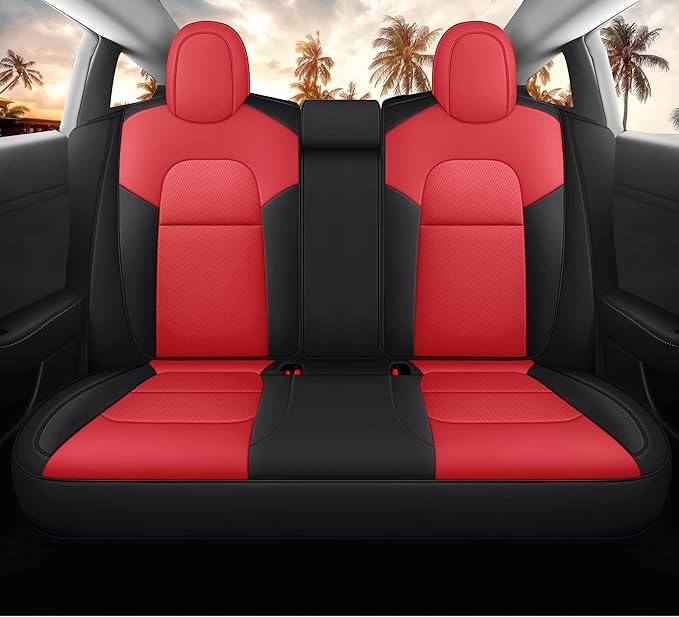 Seat Cover for Tesla Model 3 2017 2018 2019 2020 2021 2022 2023 Custom Fit Leather Car Interior Seat Cushion Cover Compatible Airbag Full Set (Red+Black-3)