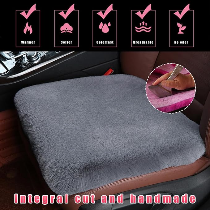 Sheepskin Car Seat Cushion, Comfortable Soft Fur Wool Auto Front Seat Cover, Vehicle Seat Protector Pad for Warm Winter Office Chair, Universal Decor Car Accessories (Gray)