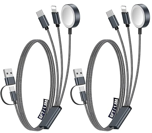 2Pack Multi Charging Cable Cord for Travel Essentials,Apple Watch Charger,iPhone Charger,[3-in-2] Type C/Lightning Cable Portable Designed for iWatch,iPhone 17-8,Galaxy S25-21,AirPods,iPad-1.8M Black