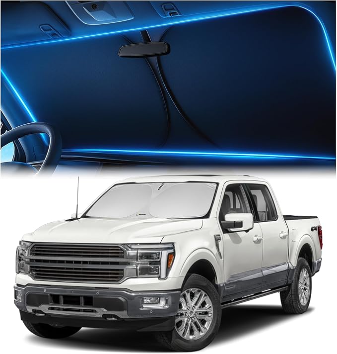 Windshield Sunshade for Ford F-150, F-250, F-350 2015–2026 (SuperCrew, SuperCab, Regular Cab) – No-Light-Pass Tech, Mirror Cut-Out, Blocks 99% UV, Fade-Resistant, Easy-Fold Windshield Sun Shade