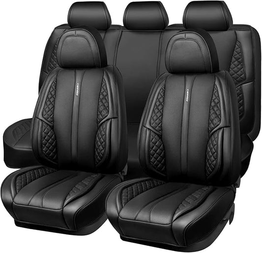 CAR PASS Nappa Leather Car Seat Covers Full Set, Luxury Seat Protector for Cars, Waterproof Anti-Slip PU Seat Cushion Airbag Armrest Compatible Universal for Sedan SUV Pick-up Truck Auto, All Black