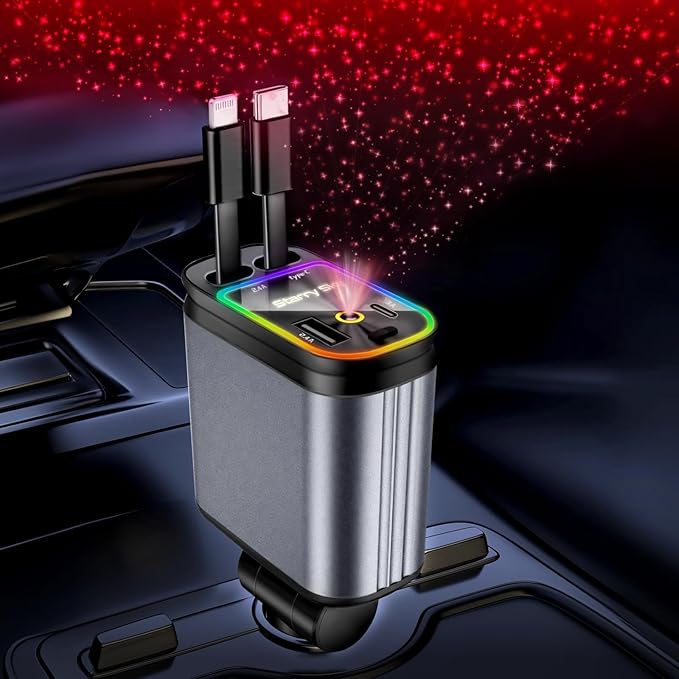 Retractable Car Charger, 4 in 1 Fast Charging Car Charger USB-C & USB-A Compatible with iPhone 16/15/14/13/12/11/X,Galaxy,Pixel