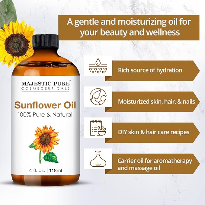 Majestic Pure Essential Oil with Glass Dropper - 100% Pure and Natural - Essential Oils for Diffuser, Aromatherapy, Soap and Candle Making, Sunflower Essential Oil, Sunflower Oil, 4 Fl Oz