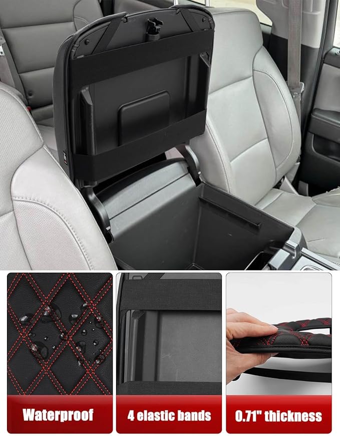KBH Center Console Armrest Cover for Chevy Silverado & GMC Sierra 1500 2500 3500 2014-2018, Tahoe Suburban Yukon 2015-2020, Bucket Seat Console, Vinyl Leather, Black-Red Double Stitch