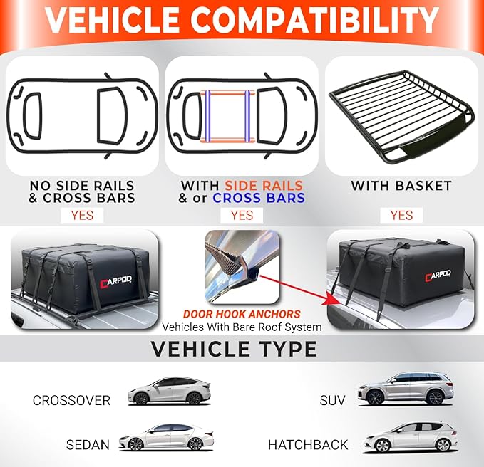 Car Rooftop Cargo Carrier Bag, 15 Cubic ft. 100% Waterproof Roof Bag & Zippers, for All Cars with/Without Racks, 10 Heavy Duty Straps 1.5” Wide, Heat Welded Seams, Roof Pad +Storage Bag +6 Door Hooks
