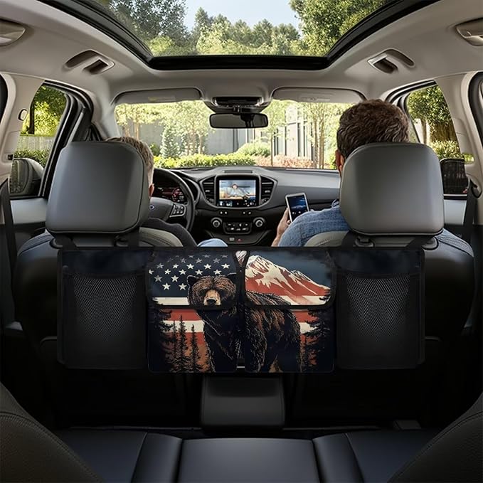 American Flag Bear Hanging Trunk Organizer, Foldable Back Seat Trunk Organizer with 4 Large Compartments, Universal for Vehicles