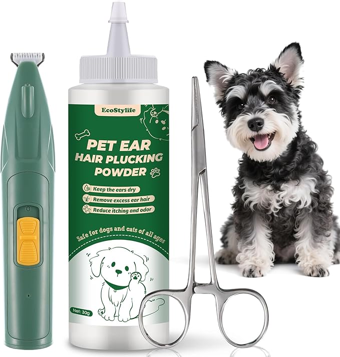 Dog Ear Hair Removal Tool – 30g Ear Powder, 5.5" Hemostat & Electric Dog Ear Trimmer – Helps Reduce Wax & Odor – Grooming Kit for Schnauzers, Poodles & Breeds with Ear Hair