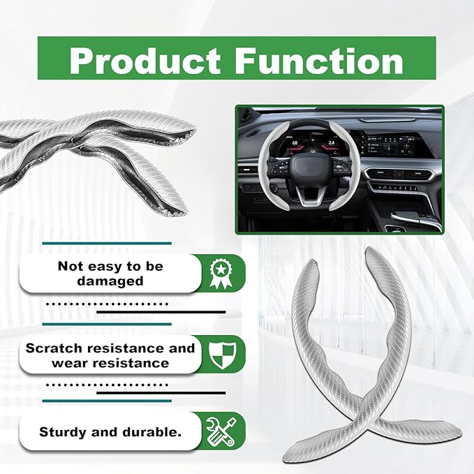 2pcs Carbon Fiber Anti-Skid Steering Wheel Cover, Anti-Skid Steering Wheel Cover/Segmented Steering Wheel Protector/Car Interior Accessories for Men/Women - Durable(White)