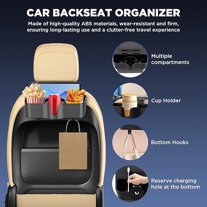 Car Headrest Backseat Organizer with Cup Holder,3 in 1 Backseat Cup Holder, Storage Box Organizer & Hooks for Car, for Hold Phone,Snacks, Drinks, Handbag, Compatible with Most Vehicles Black 2pcs (2)